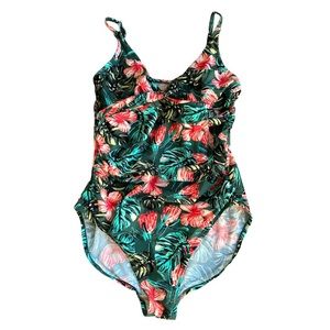 Merona Women's Size XL Green Tropical Floral Padded Ruched One Piece Swimsuit